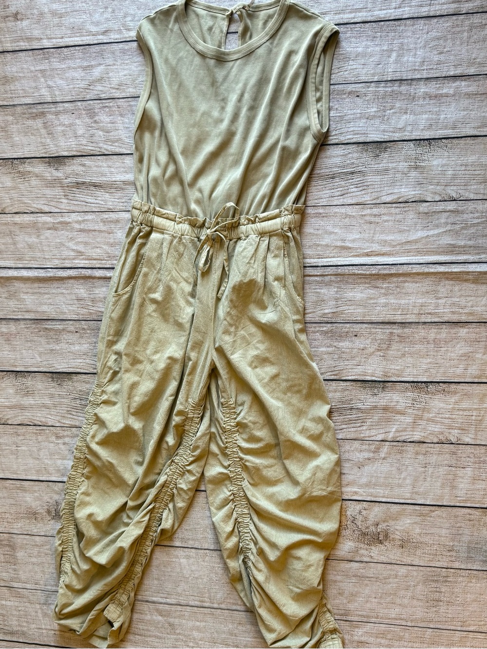 Free People Mixed Media One Piece in Sand Jam Short Sleeve Jumpsuit Size Medium